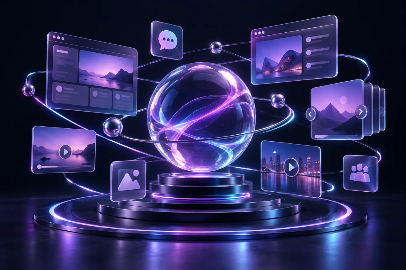 A luminous 3D creative hub with connected pages, presentations, and media